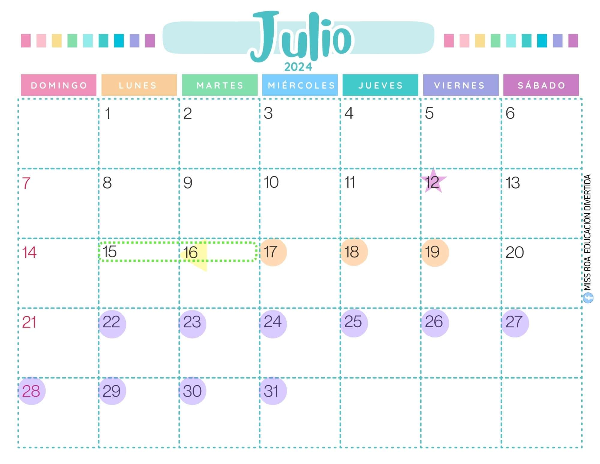 Organizador mensual julio