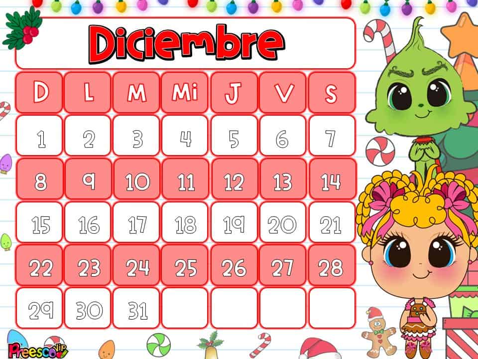 organizador mensual diciembre 2024