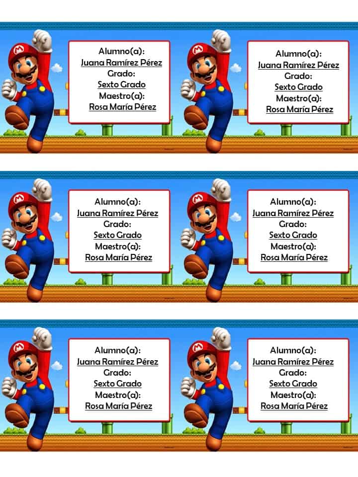 Etiquetas escolares Mario bross para imprimir
