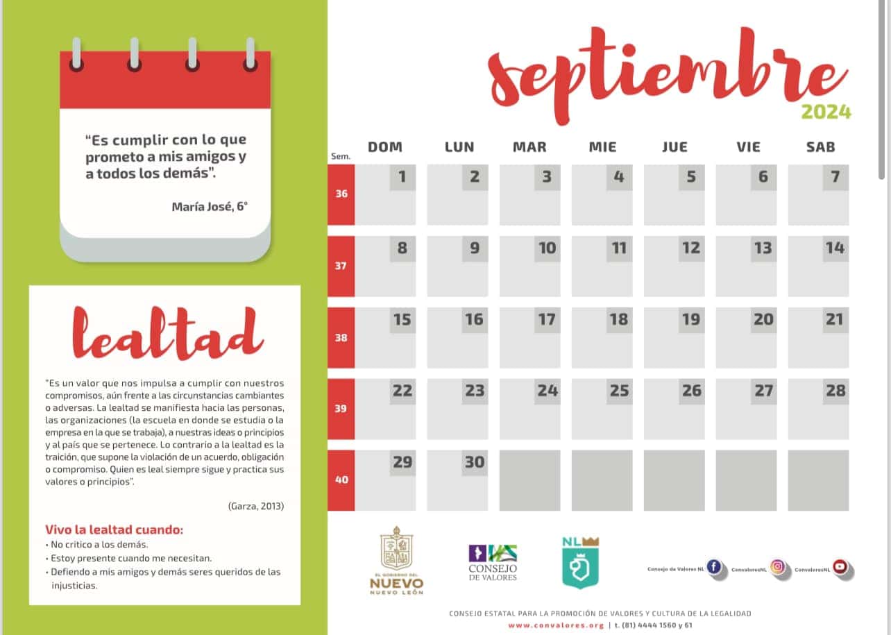 Calendario de Valores 2024-2025 22 Calendario del mes de septiembre 2024