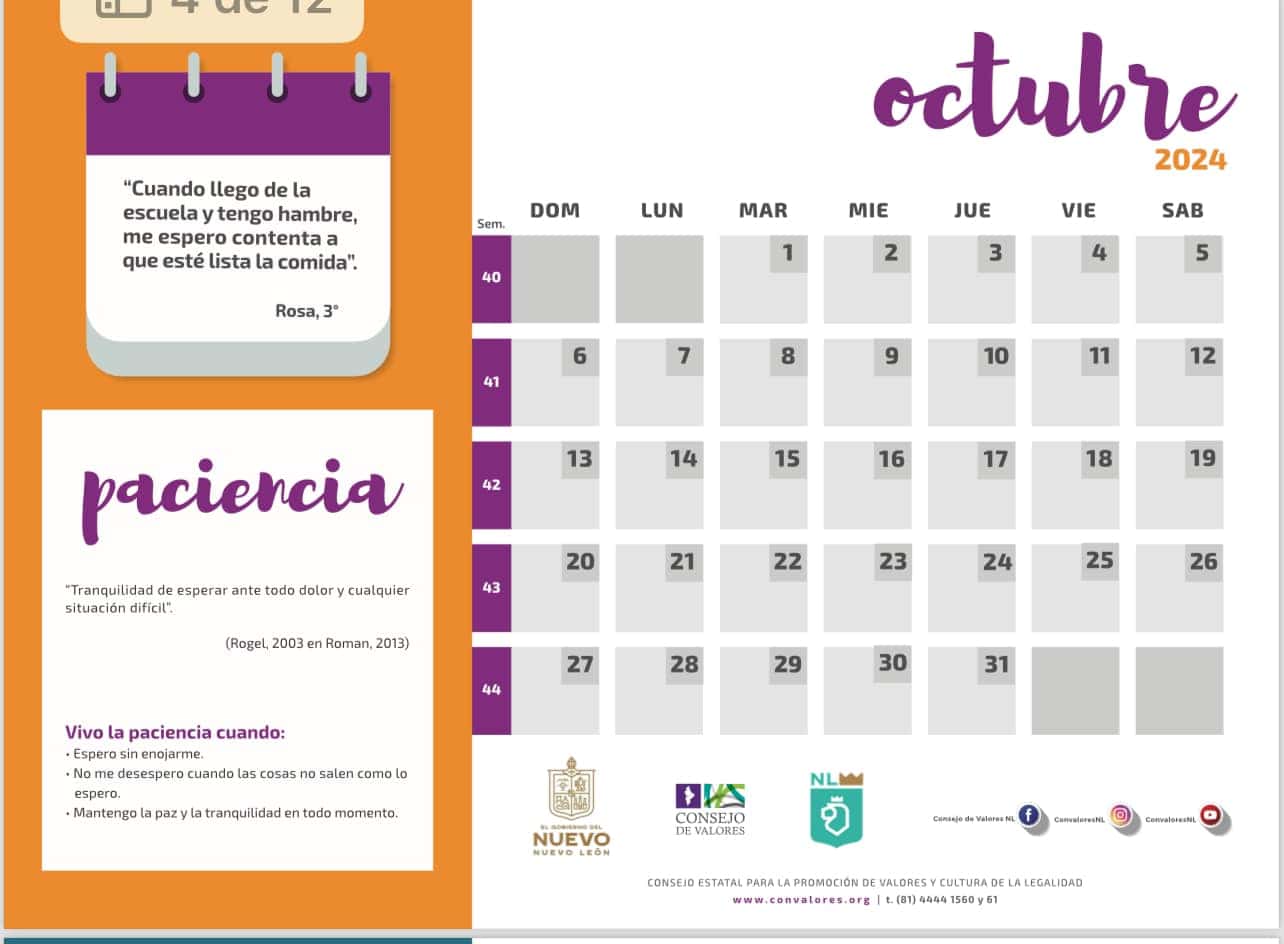 Calendario de Valores 2024-2025 23 valor del mes de octubre