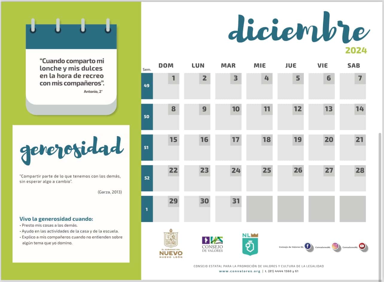 Calendario de Valores 2024-2025 25 Valor del mes de diciembre