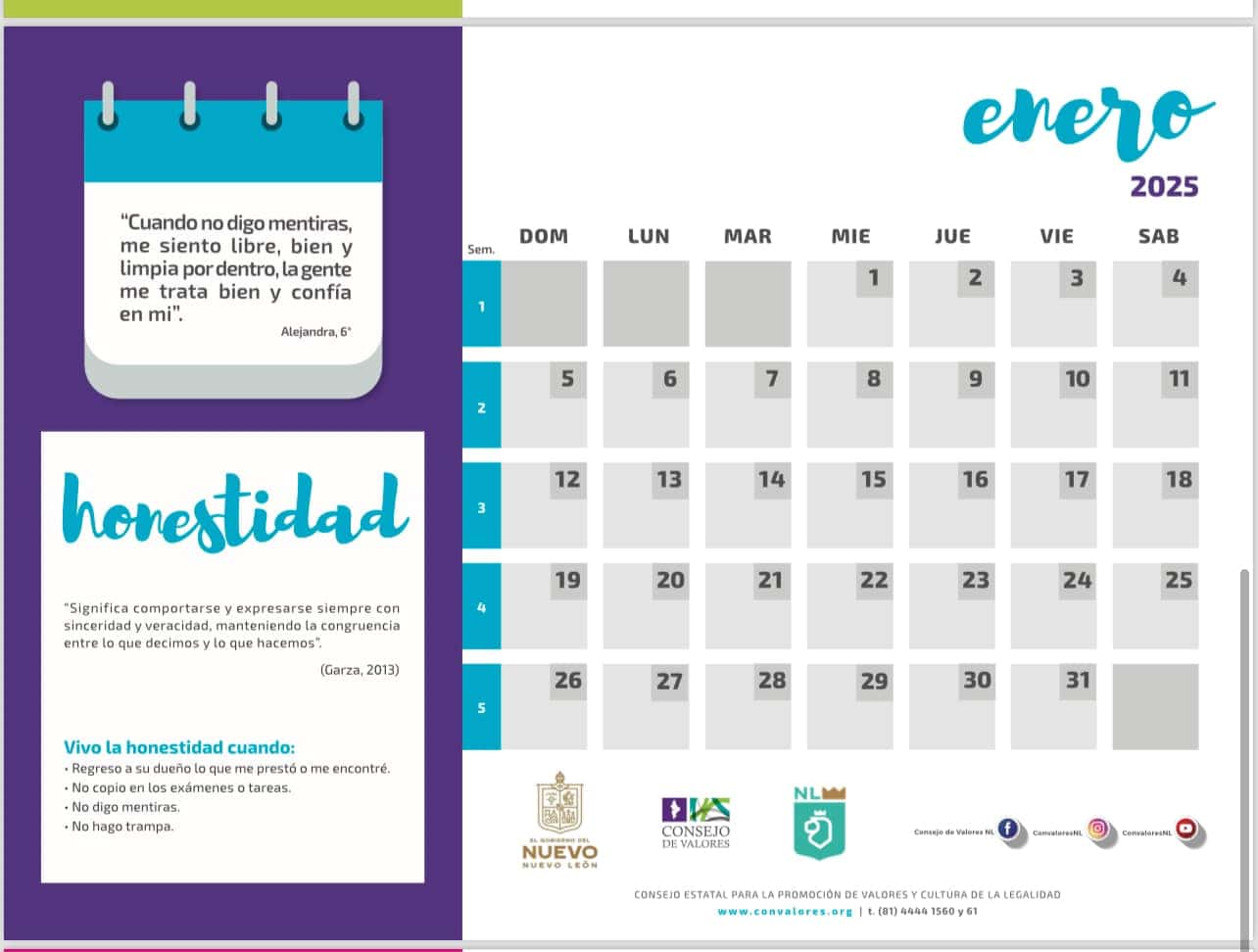 Calendario de Valores 2024-2025 26 valor mes de enero 2025